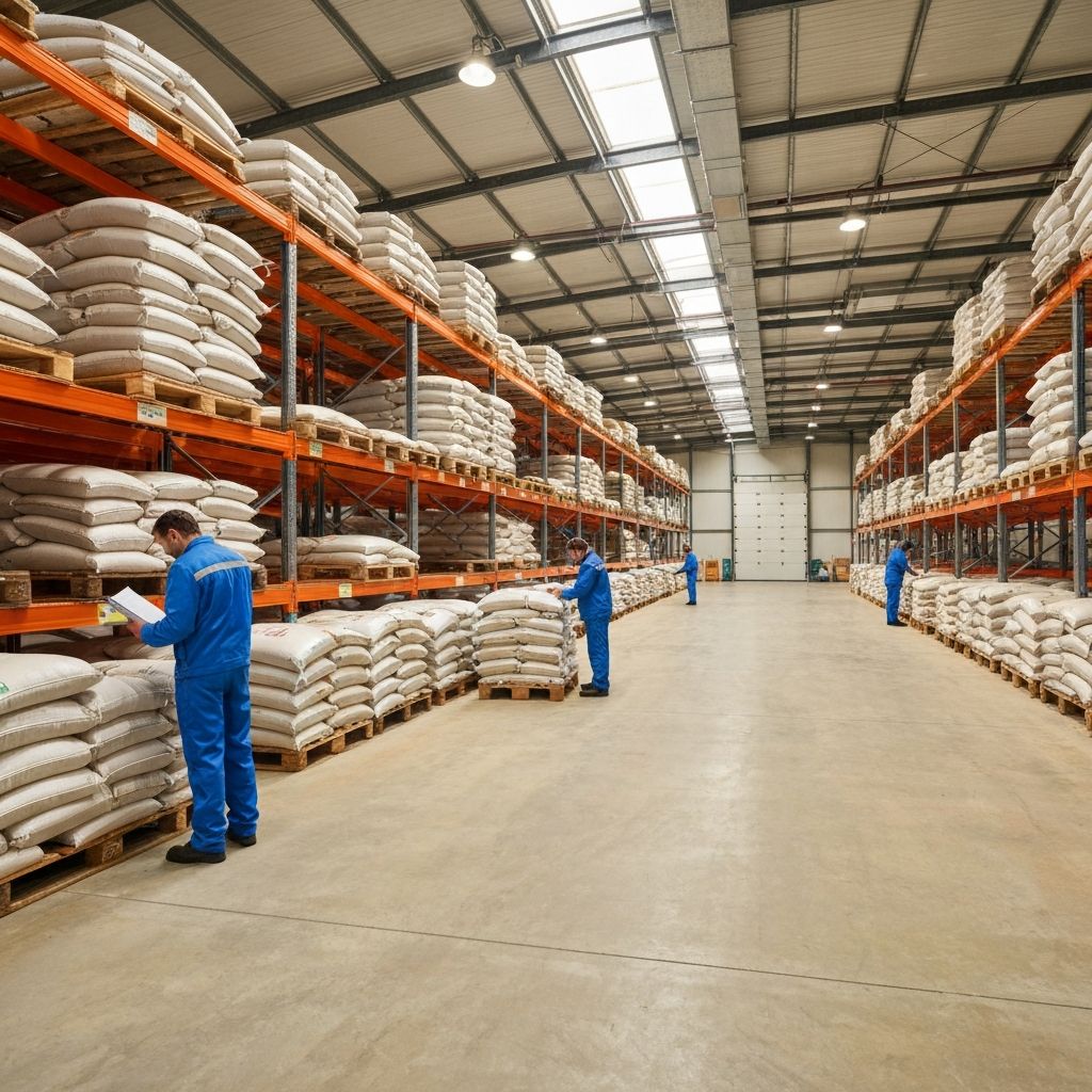 Naba Trade Corporation warehouse with stacked feed materials